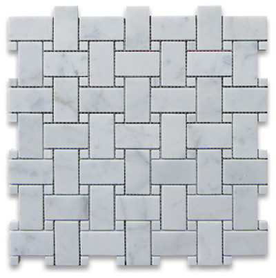 Carrara Marble Basketweave Mosaic Tile White Dots 1x2 Polished