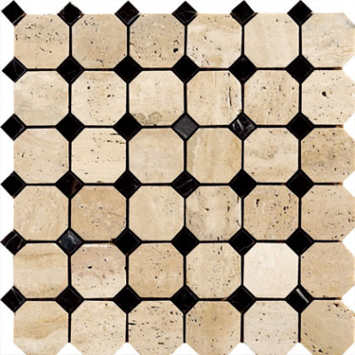 Travertine Marble Octagon Mosaic Tile Black Dots 2 inch honed