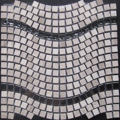 light grey wood-gain mix glass and metal mosaic tiles